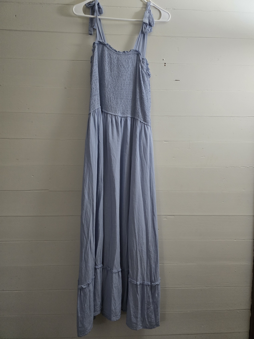 Smocked Tie-Shoulder Maxi Dress in Light Blue